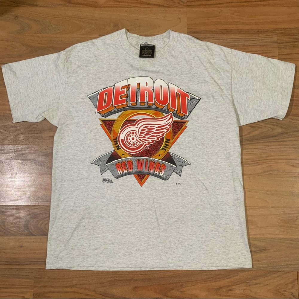 Vintage 90s Detroit Red Wings Hockey Graphic Tee Men’s Large Grey Short Sleeve